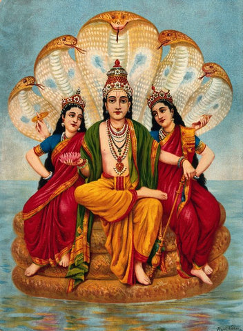 Vishnu flanked by two wives resting on Shesa by Raja Ravi Varma
