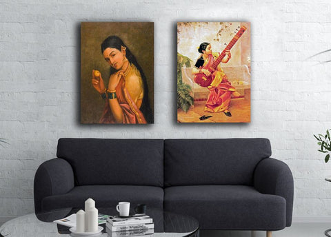 Set Of Woman Holding a Fruit and Kadambari Canvas Painting by Raja Ravi Varma