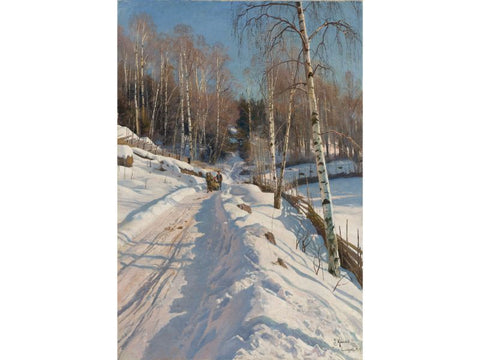Winter Landscape Painting Sleigh ride on a sunny winter day by Peder Mork Monsted