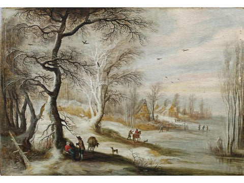 Winter landscape with a woman and woodmen by Gijsbrecht Leytens