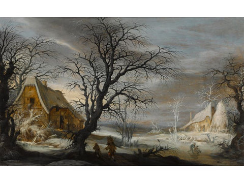 Winter landscape with figures, two peasants gathering wood and two riding a sledge by Gysbrecht Leytens