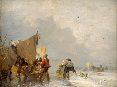 Wintery river landscape with hustle and bustle by Carl Hilgers