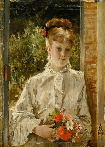 Young Woman in White Holding a Bouquet by Alfred Stevens