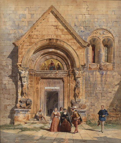 Church portal and group of people by Carl Werner